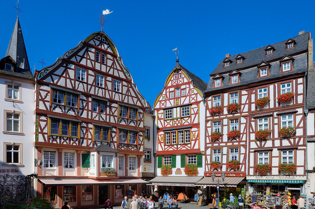 Half-timbered houses at the market place, Bernkastel-Kues, Rhineland Palatinate, Germany