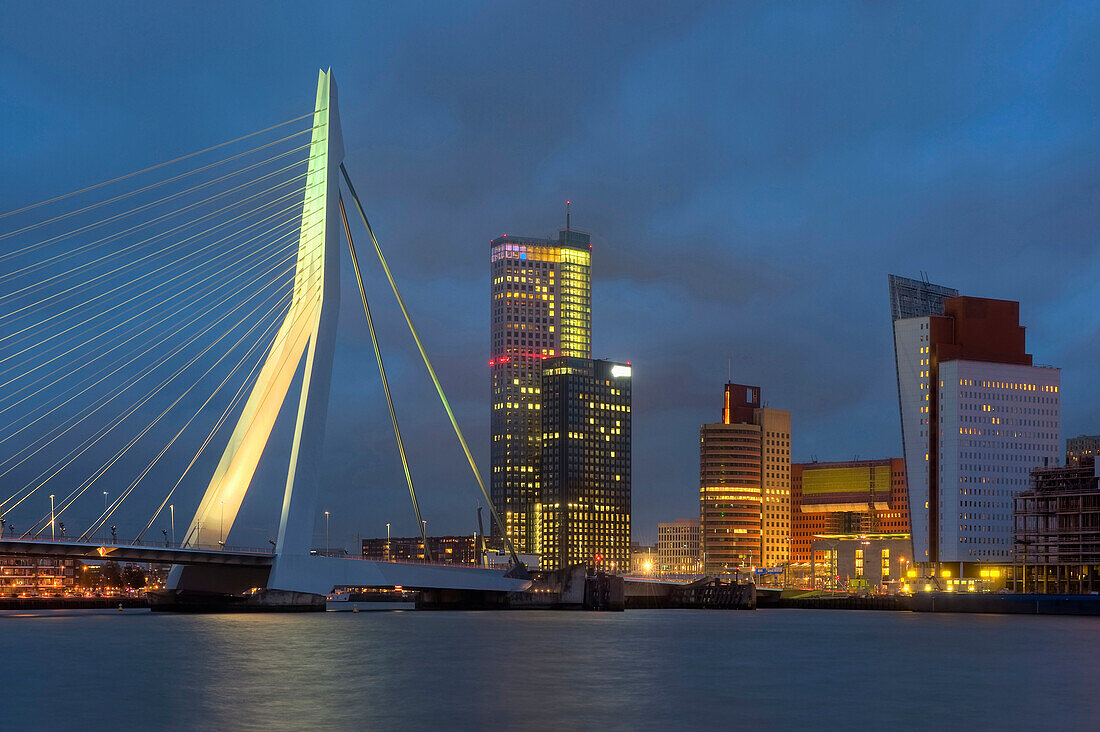 Erasmus bridge at dusk, Rotterdam, South Holland, The Netherlands