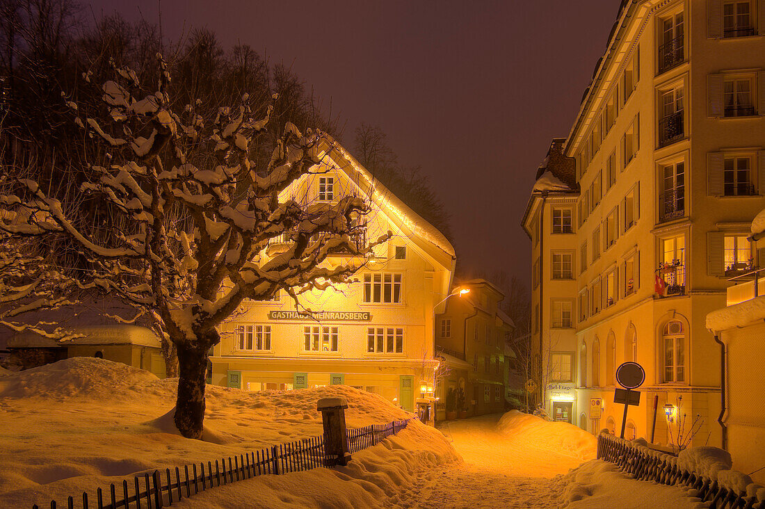 Hotel at Einsiedeln in winter at night, Einsiedeln, Canton Schwyz, Switzerland