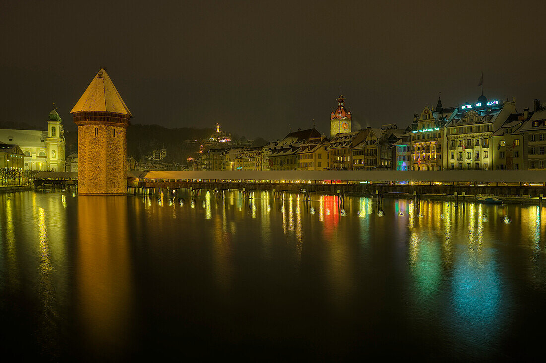 Kapell bridge with water tower at night, Lucerne, Switzerland