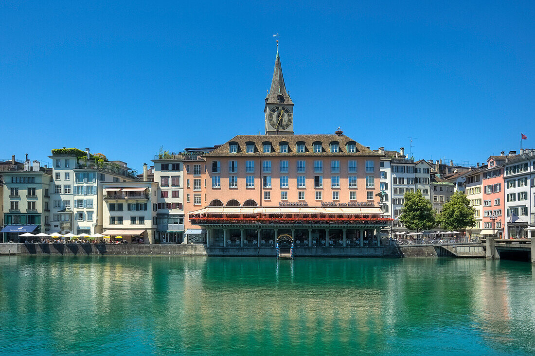 Limmat river with St. Peter and Hotel zum Storchen, Zurich, Switzerland, Europe
