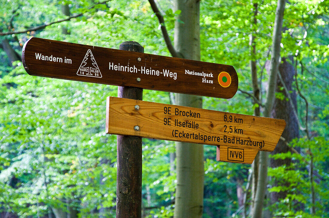 Signpost at Heinrich Heine Hiking Trail, Ilsenburg Abbey, Ilsenburg, Harz, Saxony-Anhalt, Germany
