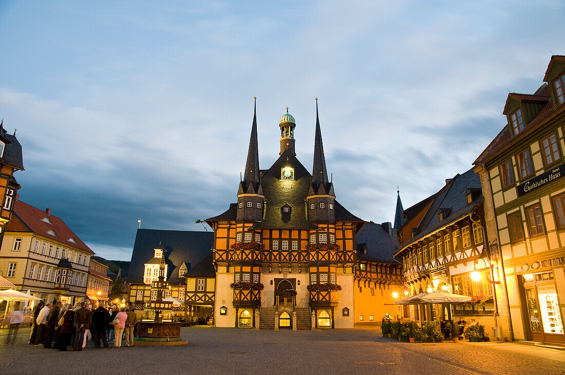 Market square and guild hall at dusk, Wernigerode, Harz, Saxony-Anhalt, Germany