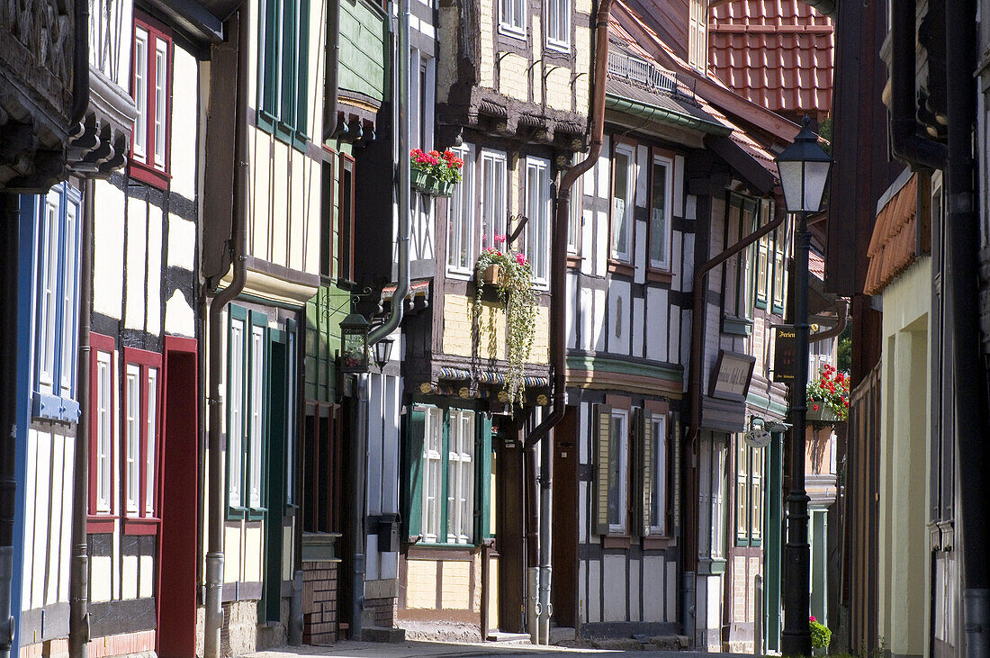 Kochstrasse, street with timber framed houses, old town, Wernigerode, Harz, Saxony-Anhalt, Germany