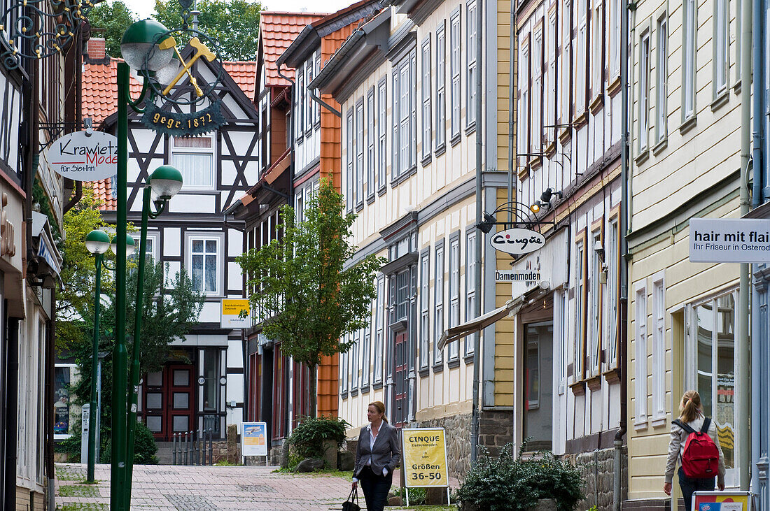 Alley with timber framed houses, old town, Osterode am Harz, Harz, Lower Saxony, Germany