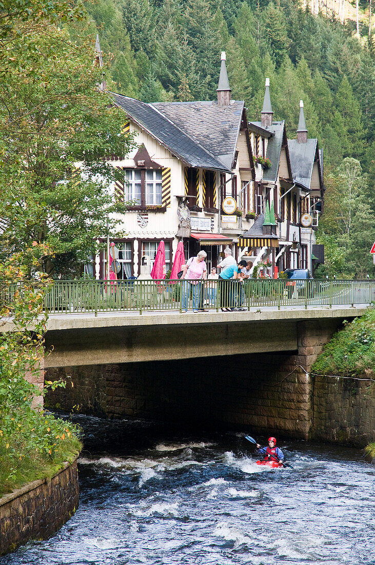 Romkerhalle, bridge over the Oker river, Oker Valley, Harz, Lower Saxony, Germany