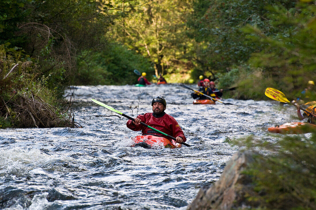Kayaking on the Oker river, Oker Valley, Harz, Lower Saxony, Germany