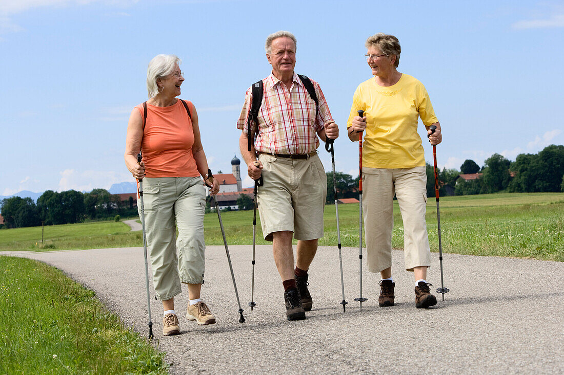 A group of pensioners hiking, Upper Bavaria, Bavaria, Germany, Europe