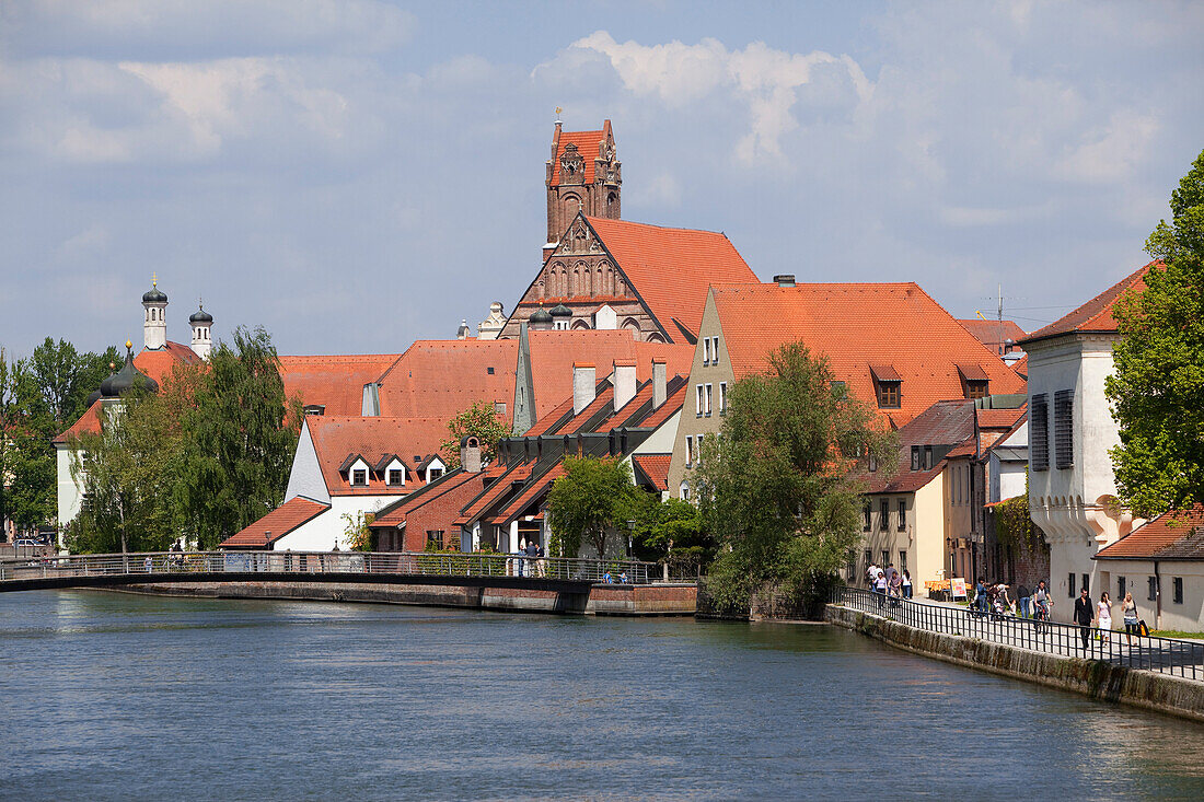 Promenade along the Isar canal and the church of the Holy Spirit, Landshut, Lower Bavaria, Bavaria, Germany, Europe