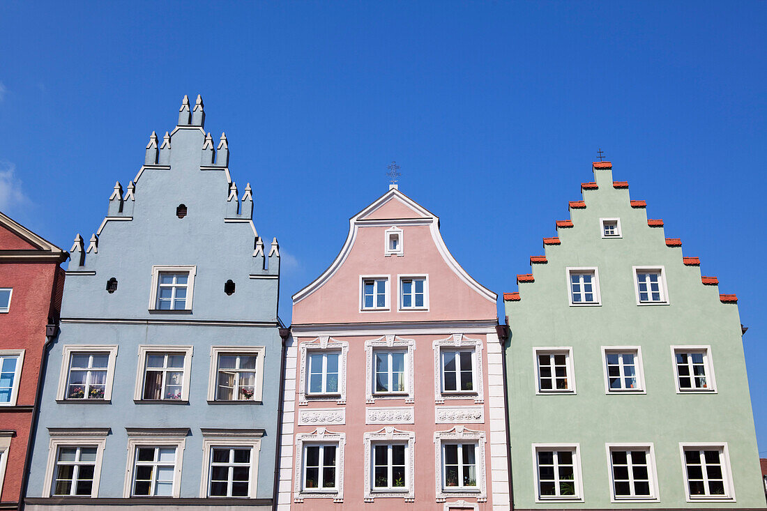 Historic facades along Neustadt Lane, Landshut, Lower Bavaria, Bavaria, Germany, Europe