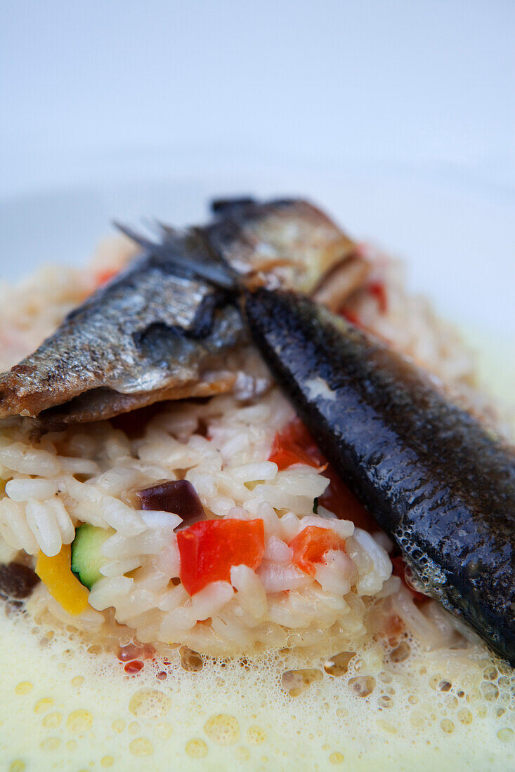 Grilled sardines and rice, Restaurant Ricasso, Munich, Upper Bavaria, Bavaria, Germany, Europe