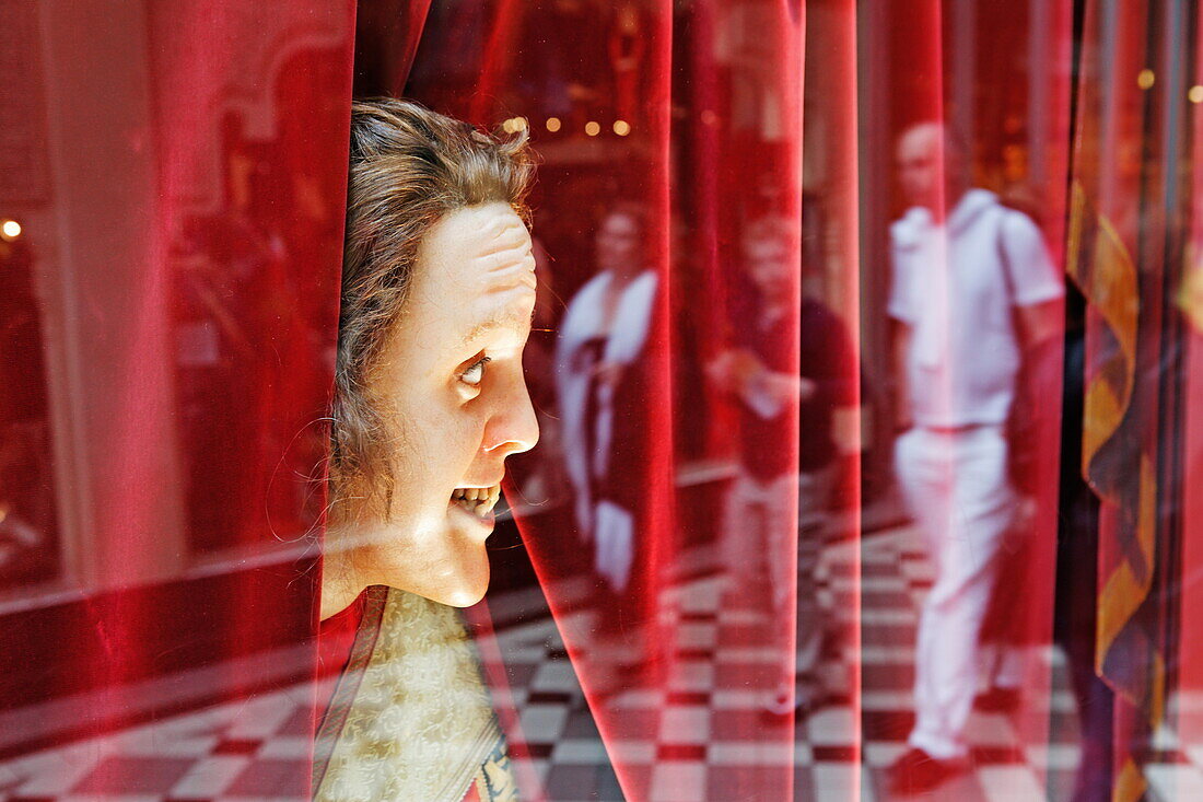 Wax figure in the window of Grevin wax museum, Galerie Verdeau, Paris, France, Europe