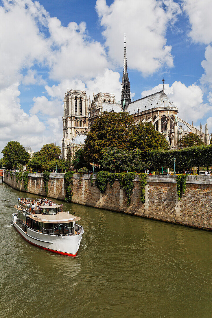 Ausflugsboot auf der Seine mit Ile de la Cite und Notre Dame, Paris, Frankreich, Europa