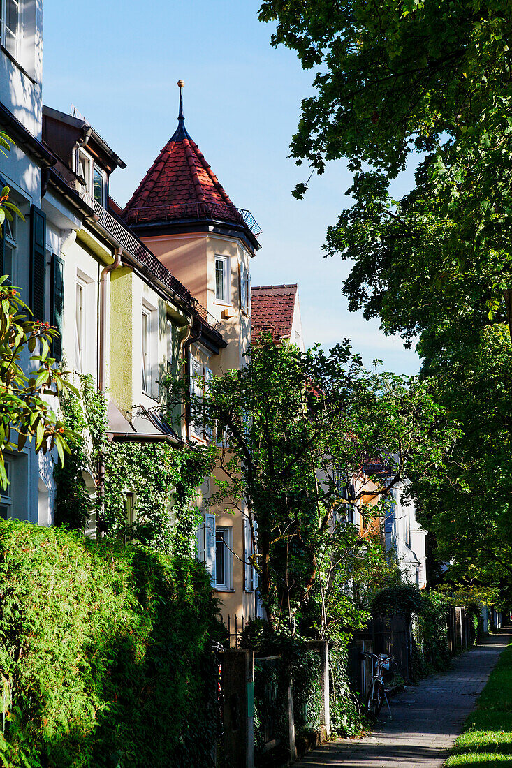 Town houses in the sunlight, Gern, Munich, Upper Bavaria, Bavaria, Germany, Europe