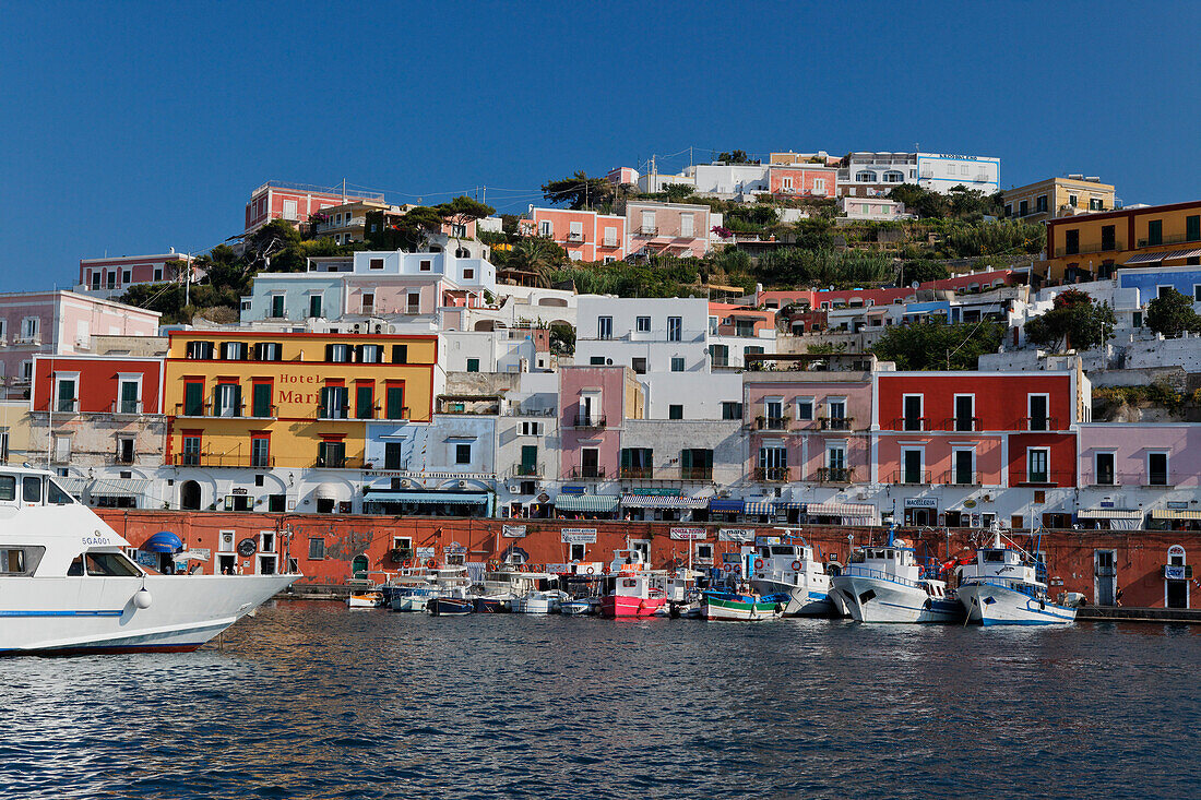 Port and houses of the town of Ponza, Island of Ponza, Pontine Islands, Lazio, Italy, Europe