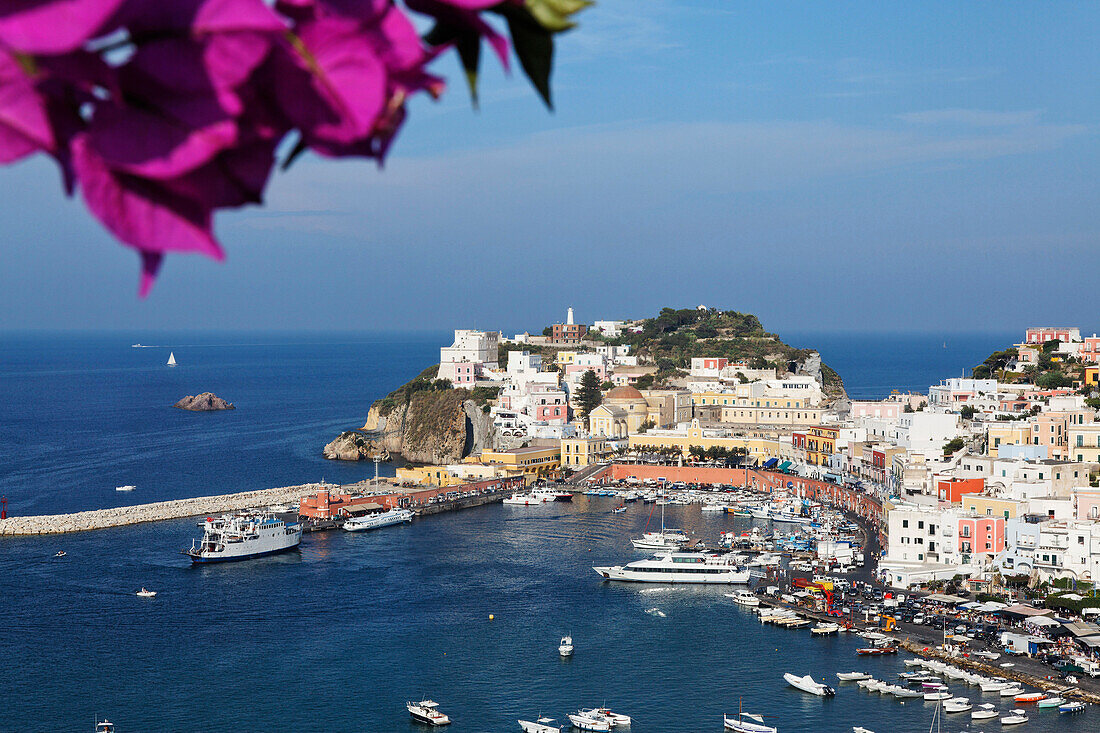 View of the port and the town of Ponza, Island of Ponza, Pontine Islands, Lazio, Italy, Europe