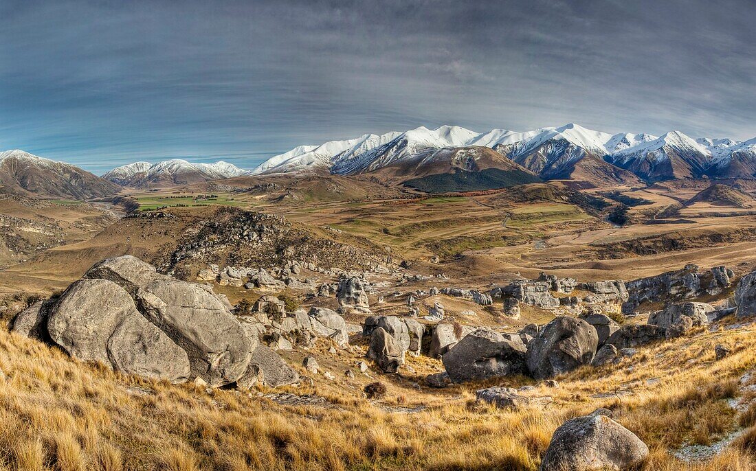 Craigieburn range from Flock hill limestone boulders, early winter, Castle hill basin, Canterbury high country