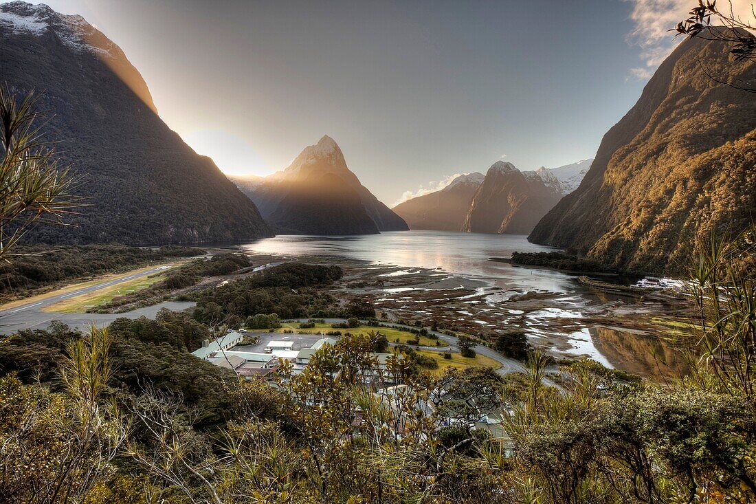 Mitre peak at sunset from above village, Milford Sound, Fiordland National Park, World Heritage site