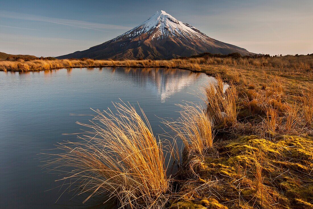 Mt Egmont / Taranaki, late afternoon reflection in small tarn set among tussock slopes of Pouakai range, Taranaki