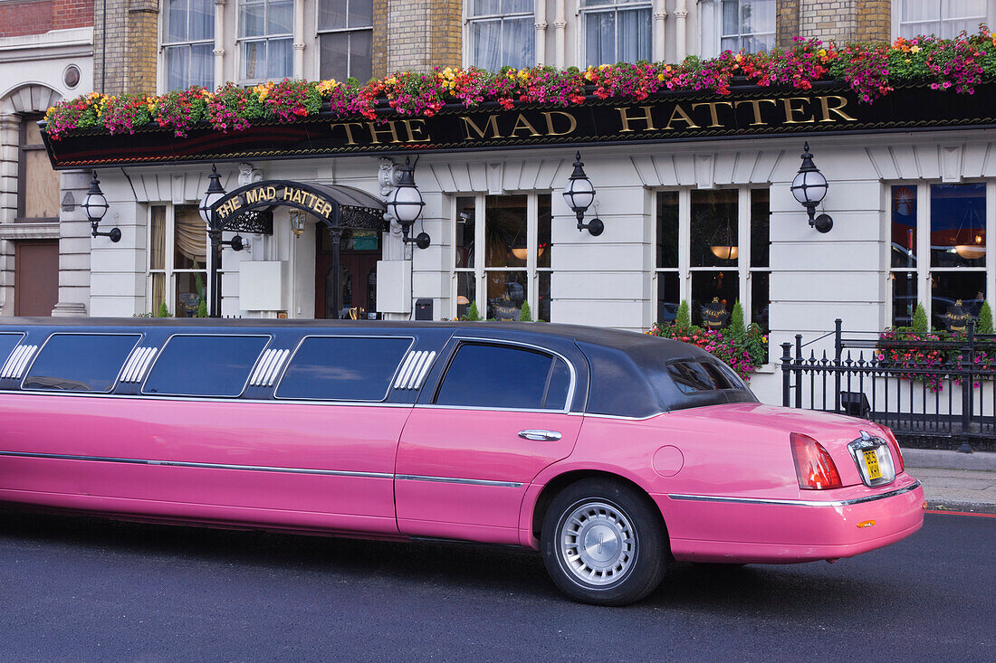 Pink Limo Outside a Pub, London, England