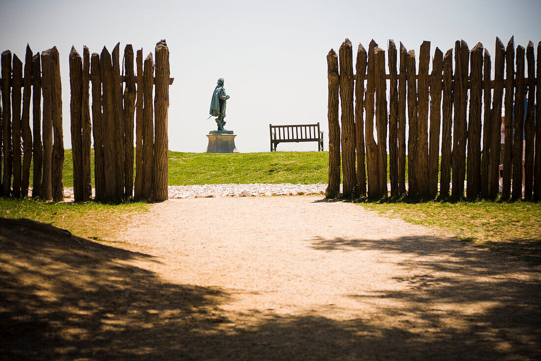 Wooden Fence And Statue Of John Smith, Jamestown, Virginia, USA