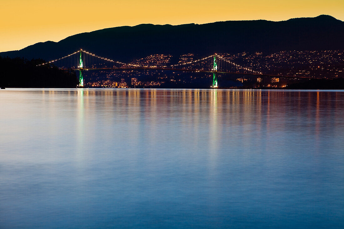 Illuminated Bridge Across a Bay, Vancouver, British Columbia, Canada