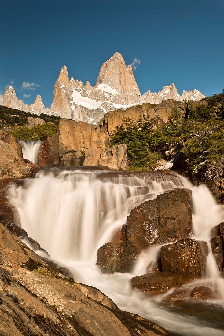 FitzRoy waterfall under famous rock peak Cerro FitzRoy  El Chalten, Parque Nacional Los Glaciares, Patagonia, Argentina