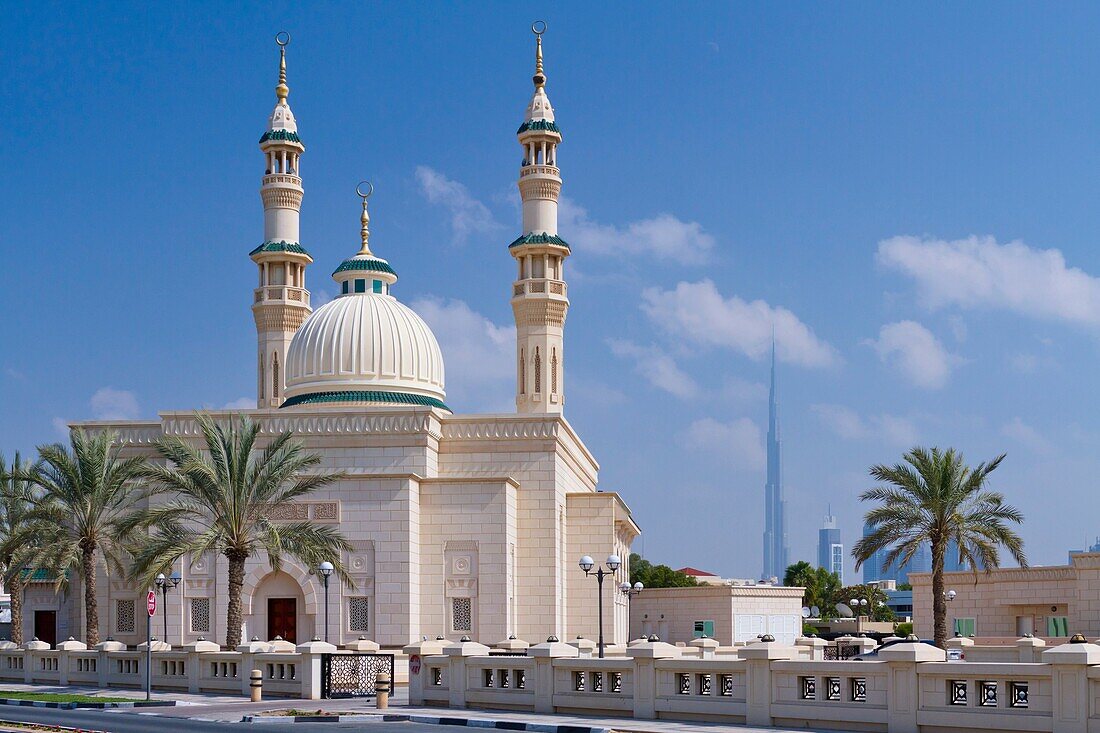 A mosque with minarets in the Jumeirah district of Dubai, UAE