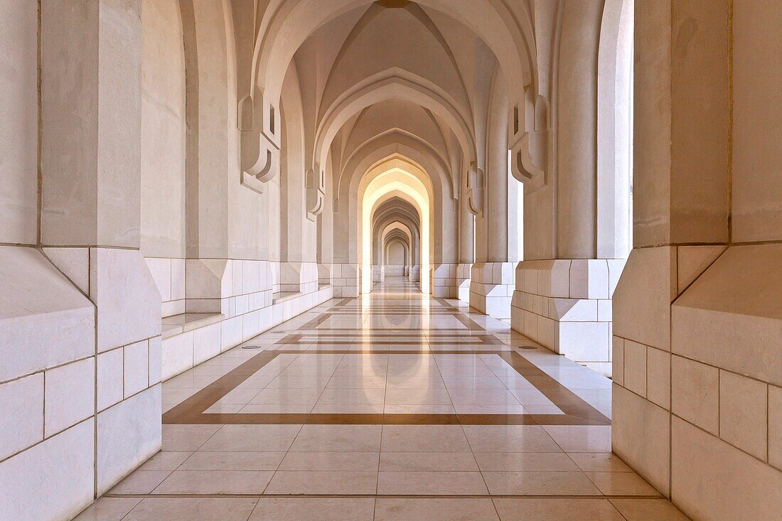 An arched hallway at the Ministry of finance buildings near the Al Alam Royal Palace in Muscat, Oman