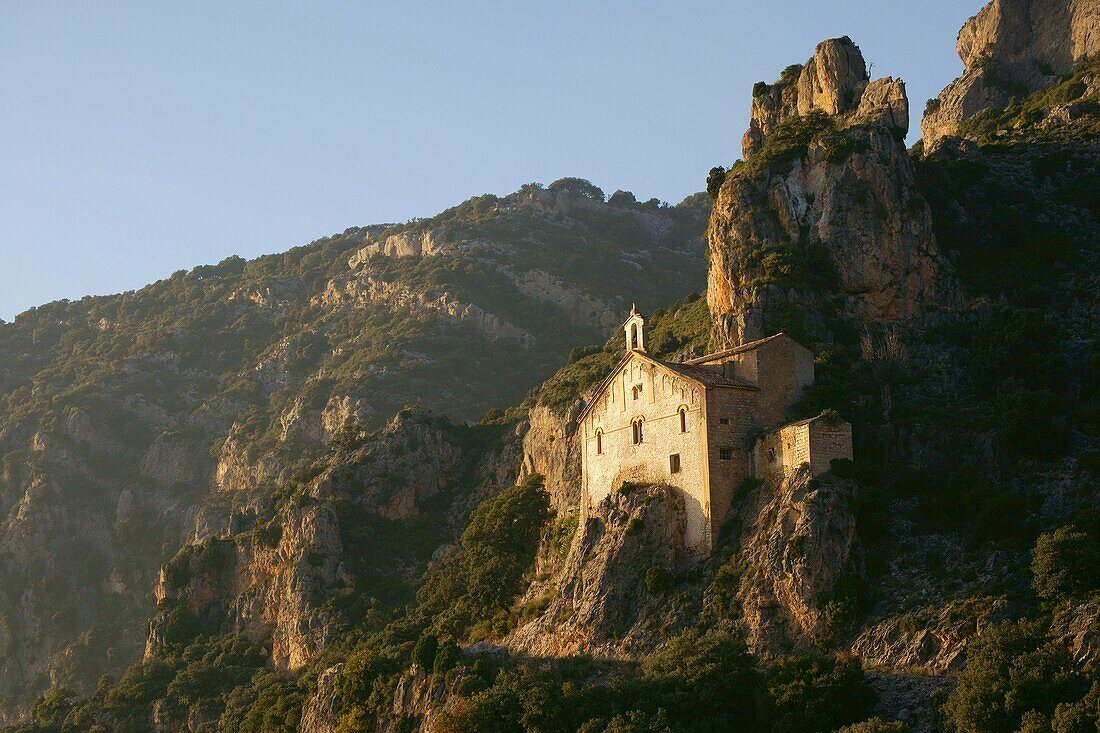 Romanesque hermitage of Mare de Deu de la Pedra Àger Valley Montsec d´Ares Lleida Pyrenees Mountains Catalonia Spain