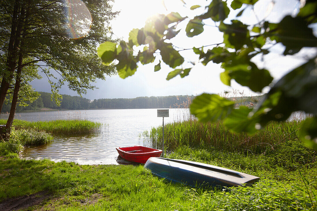 Boats at lake Fincken, Fincken, Mecklenburg-Western Pomerania, Germany