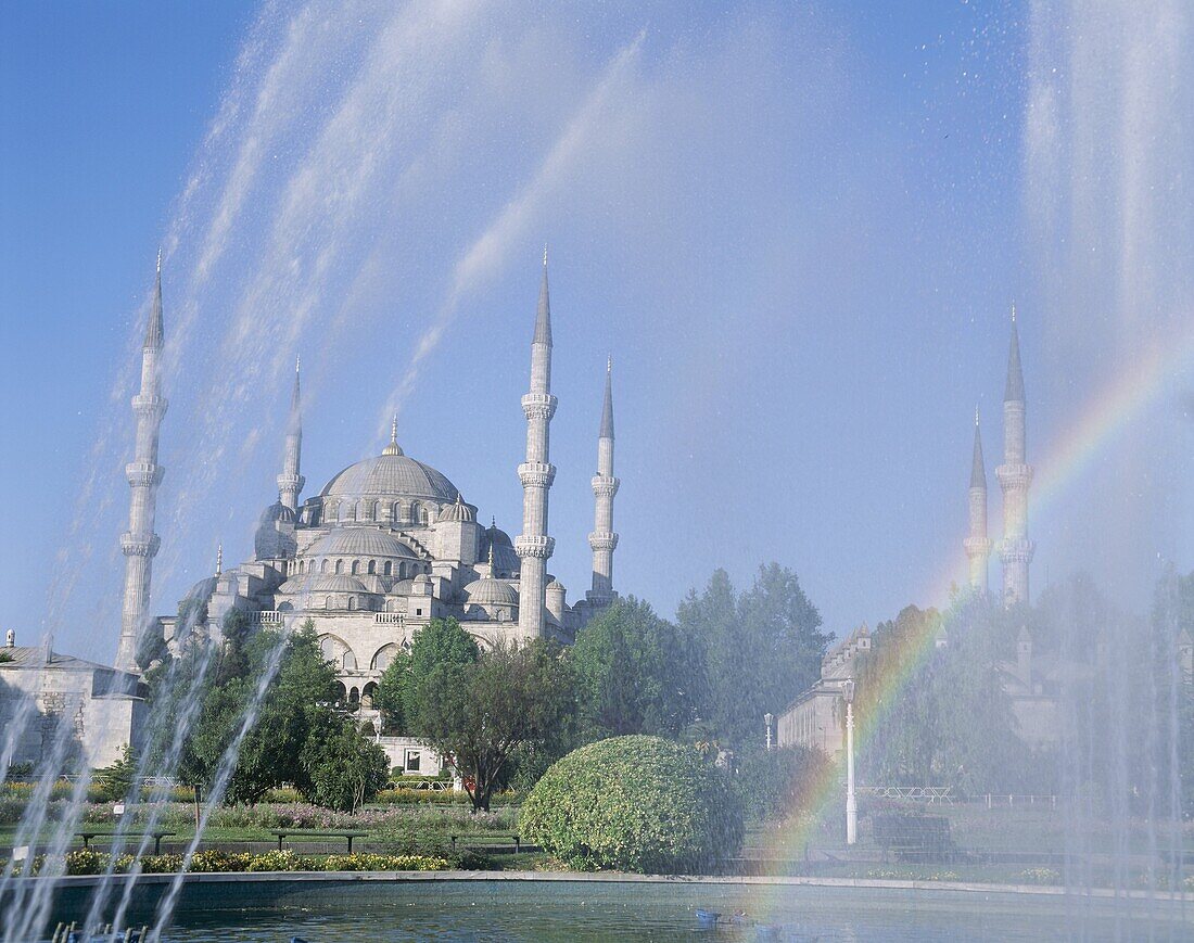 Blue Mosque, Fountain, Istanbul, Rainbow, Turkey, U. Blue mosque, Fountain, Heritage, Holiday, Istanbul, Landmark, Rainbow, Tourism, Travel, Turkey, Unesco, Vacation, World