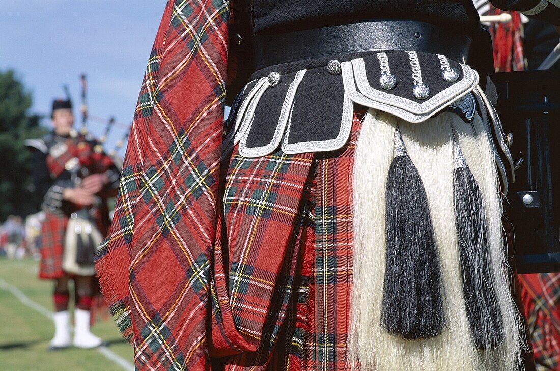 Bagpiper, Detail of Kilt, Highland Games, Highlands. Bagpiper, Detail, Highland games, Highlands, Holiday, Kilt, Landmark, Scotland, United Kingdom, Great Britain, Sporran, Tourism