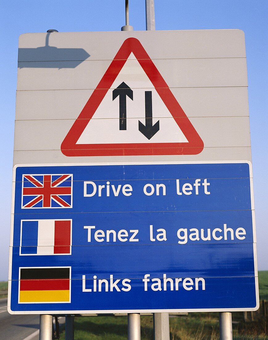 England, Kent, Multi Lingual Keep Left Road Sign, . England, United Kingdom, Great Britain, Holiday, Keep, Kent, Landmark, Left, Lingual, Multi, Road, Sign, Tourism, Travel, Vacati