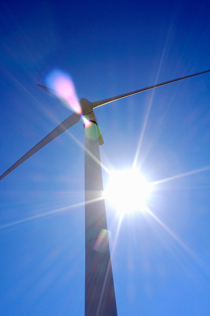 looking up into the sun at a wind power turbine