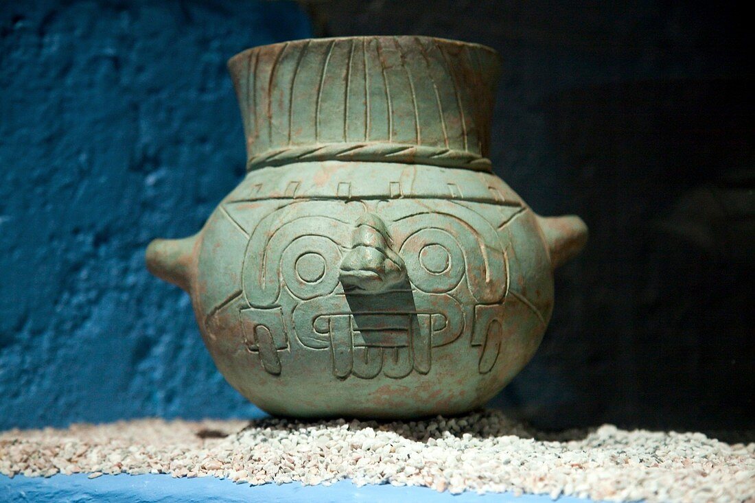 Prehispanic clay pot at Templo Mayor Museum, Mexico City