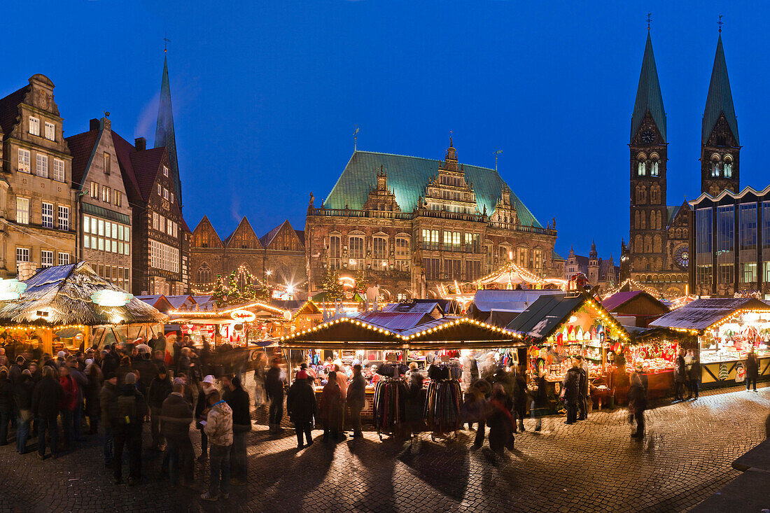 View over the christmas market at dusk in Bremen, Germany, Europe