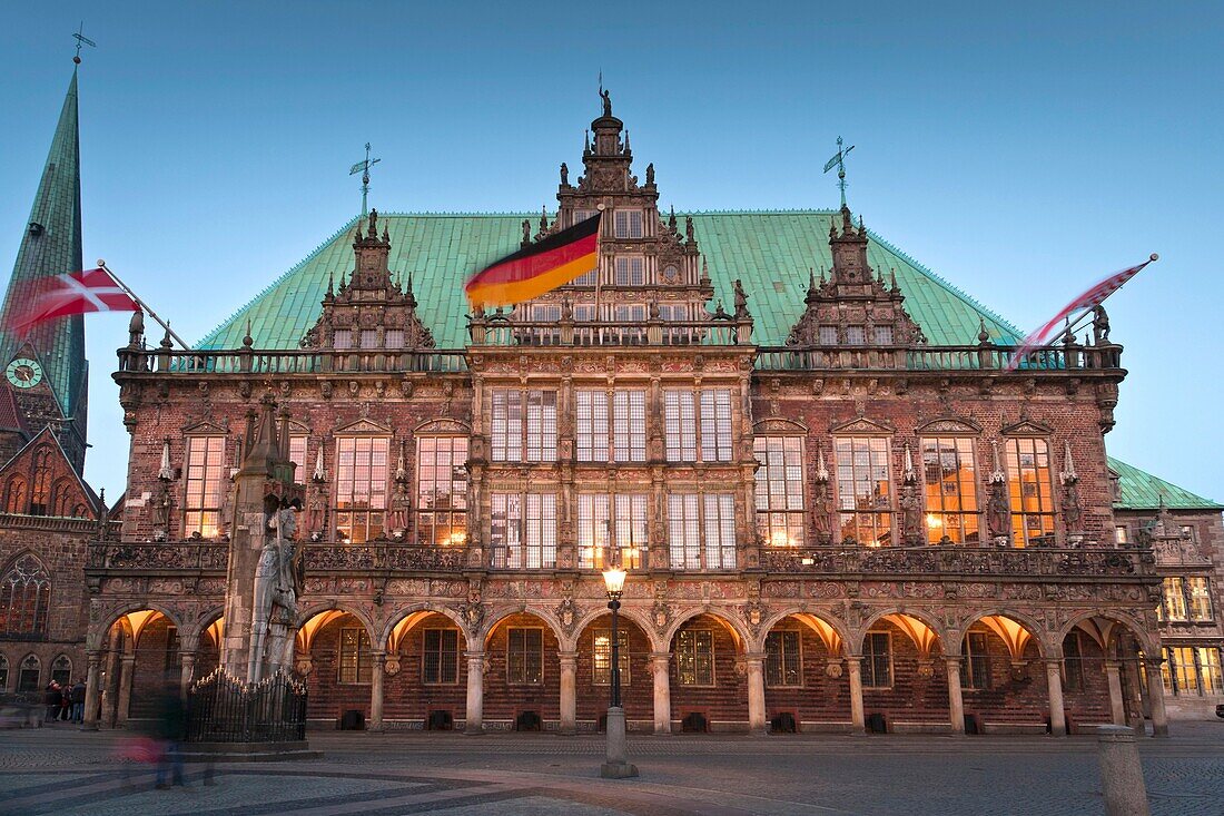 The mediaeval town hall in Bremen at dusk, Germany, Europe