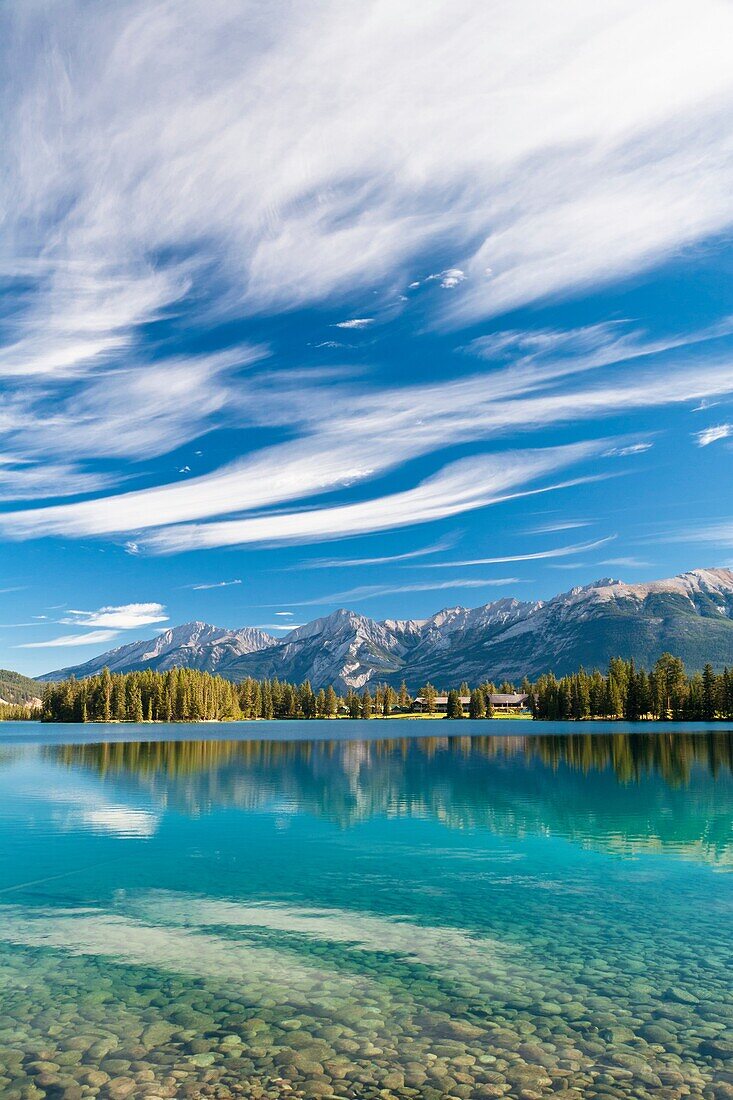 Lake Beauvert and Rocky Mountains, Jasper National Park, Alberta, Canada