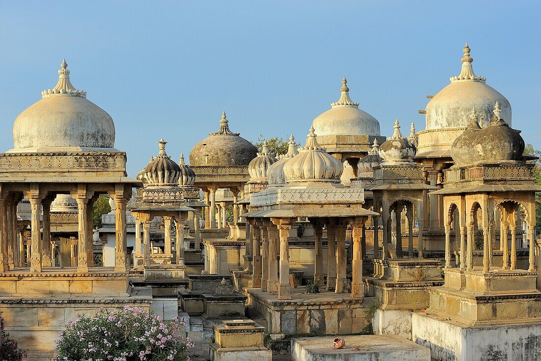 India, Rajasthan, Udaipur surroundings, Ahar cenotaphs  The Ahar site contains more than 250 cenotaphs of the maharanas of Mewar that were built over approximately 350 years  There are 19 chhatris that commemorate the 19 maharajas who were cremated here