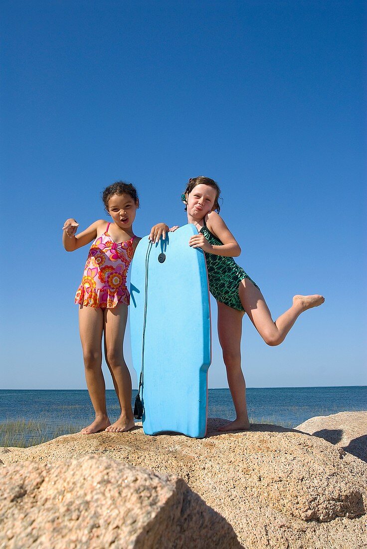 Girl friends hamming it up at the beach, Paines Beach, Cape Cod MA