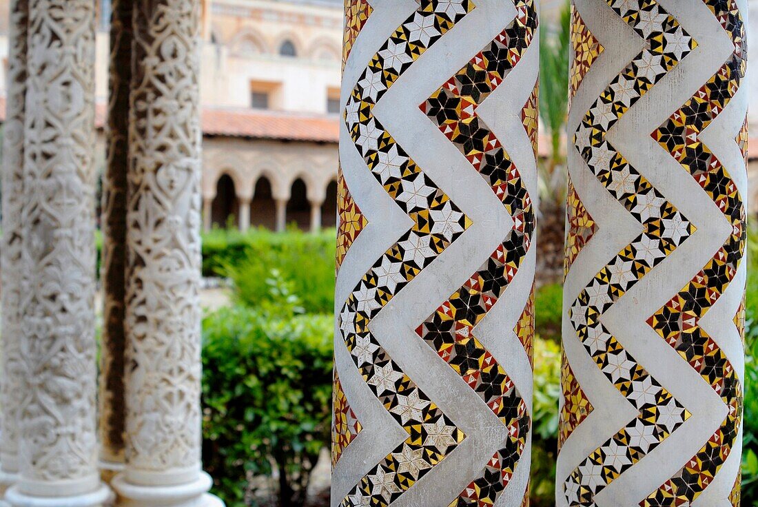 The marble and mosaic columns of the cloister found in the Duomo di Monreale Sicily Italy