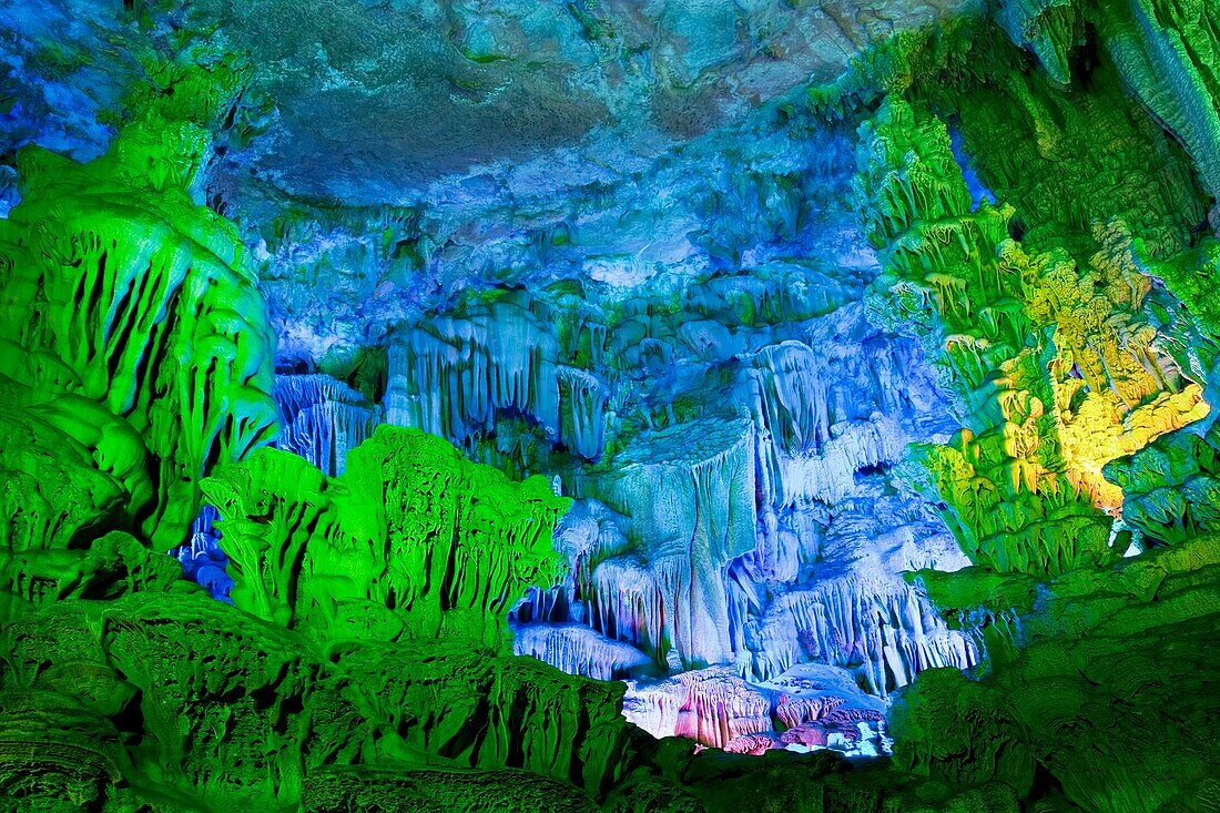 The beautifully illuminated Reed Flute Caves located in Guilin, Guangxi Provine, China
