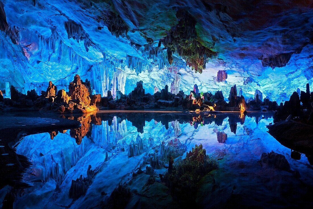 The beautifully illuminated Reed Flute Caves displaying the ´Crystal Palace of the Dragon King´ formations  Located in Guilin, Guangxi Provine, China