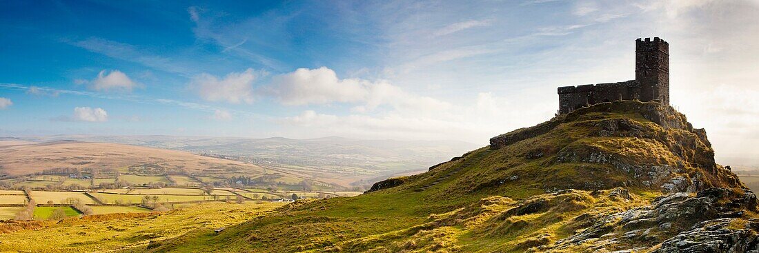 Panoramic shot of The Church of St Micheal de Rupe, Brentor Dartmoor National Park, Devon England UK