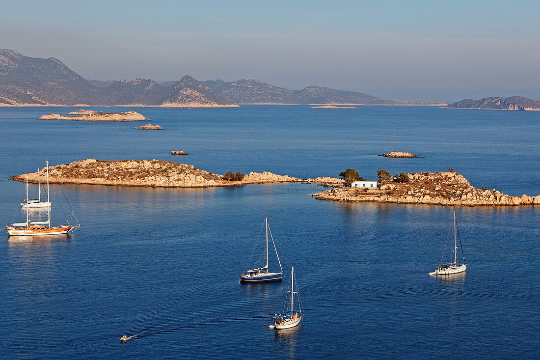 View of small rocky islands and the turkish coast, Kastelorizo Megiste, Dodecanese Islands, Greece, Europe