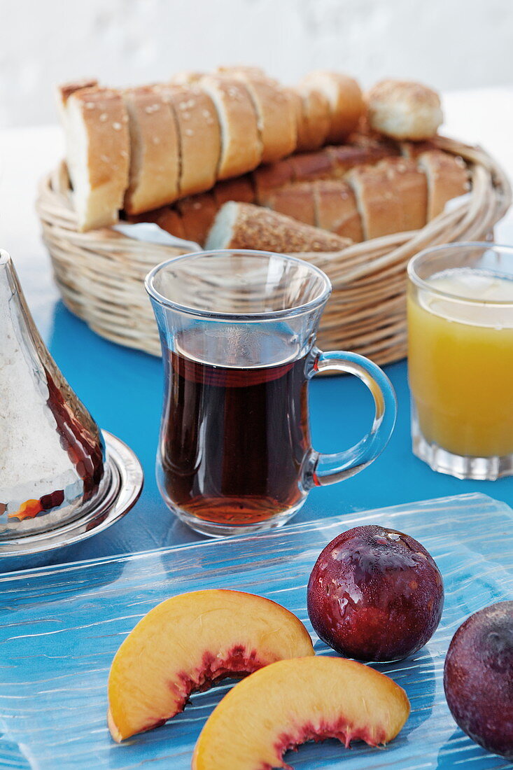 Bread and fruit for breakfast, Kastelorizo Megiste, Dodecanese Islands, Greece, Europe