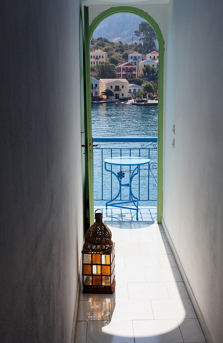 View from the hallway onto the harbour, Hotel Mediterraneo, Kastelorizo Megiste, Dodecanese Islands, Greece, Europe