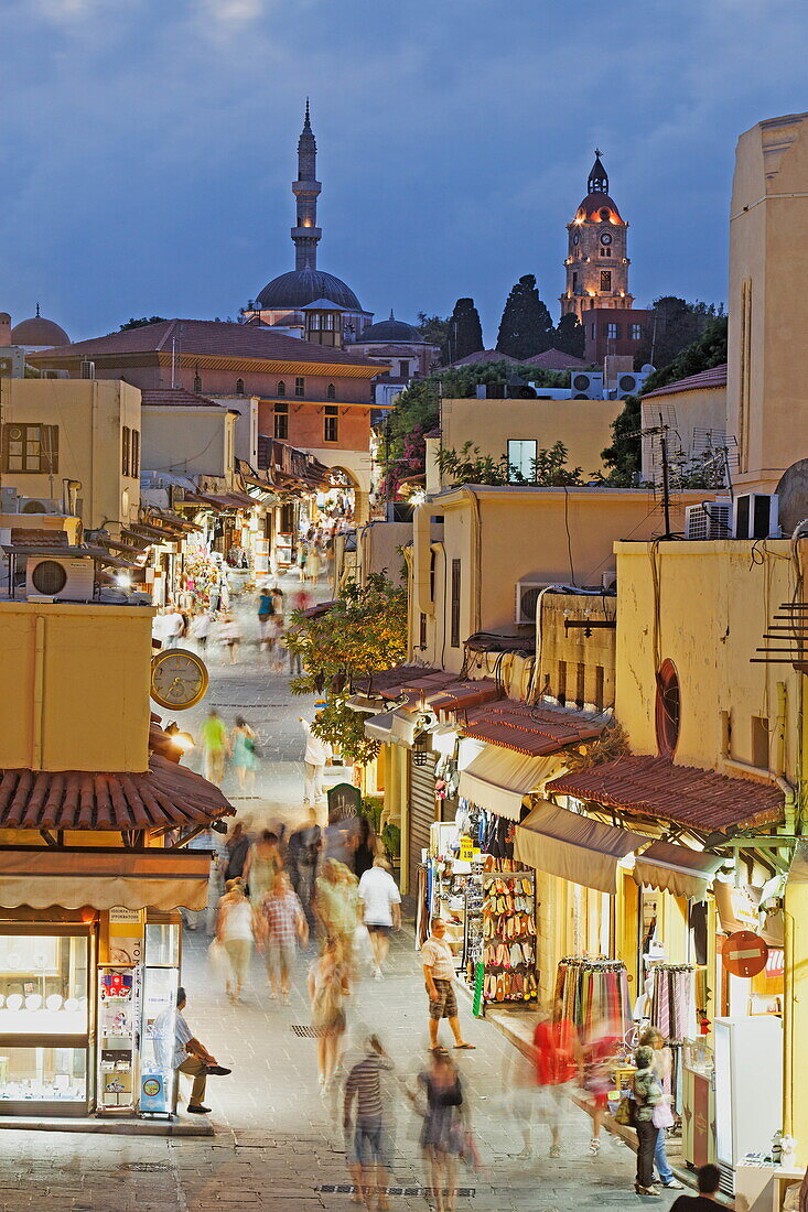 People in Socrates street in the evening, old town of Rhodes, Rhodes, Dodecanese Islands, Greece, Europe