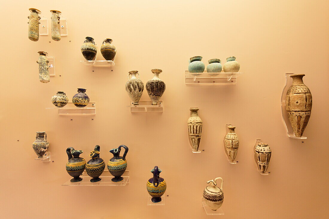 Display of old vases and amphores, archeological museum, Rhodes town, Rhodes, Dodecanese Islands, Greece, Europe
